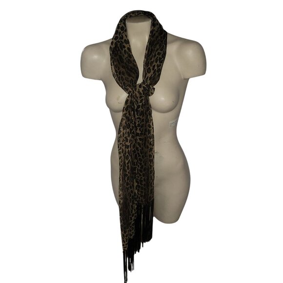 Leopard Print Fringe Sheer Scarf Lightweight Stylish Accessory For Women Animal - Picture 1 of 3